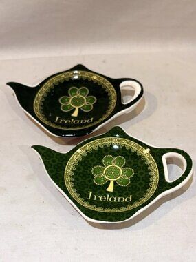 Pair of Royal Tara Bone China Irish Shamrock Spiral Teabag Holder